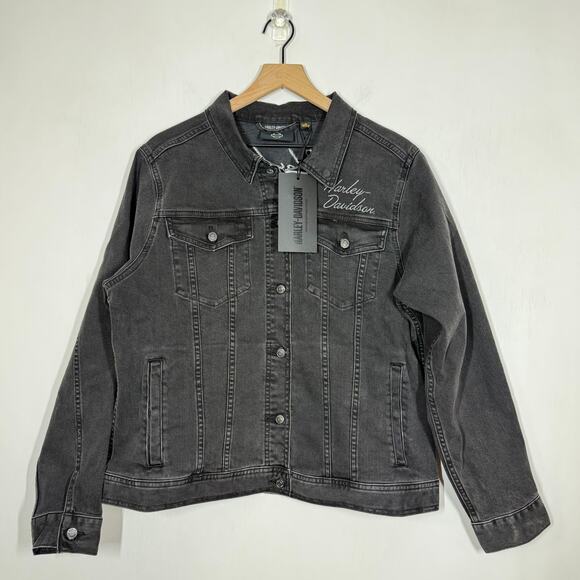 NEW Harley Davidson Jacket Size XL Black Denim Silver Wing Stretch Motorcycle - Picture 1 of 9